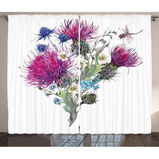 Dragonfly Small Window Curtain,Summer Natural Meadow Herbs Bouquet Wild Thistles Chamomiles Watercolor Boho Art Adjustable Balloon Curtain Shade,39x47 Inch,for Kitchen Kids Bedroom Multicolor